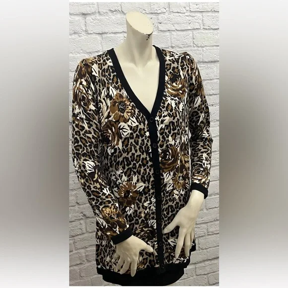 ISAAC MIZRAHI LIVE! BLACK & BROWN FLORAL ANIMAL PRINT CARDIGAN SWEATER SIZE M - Picture 2 of 4